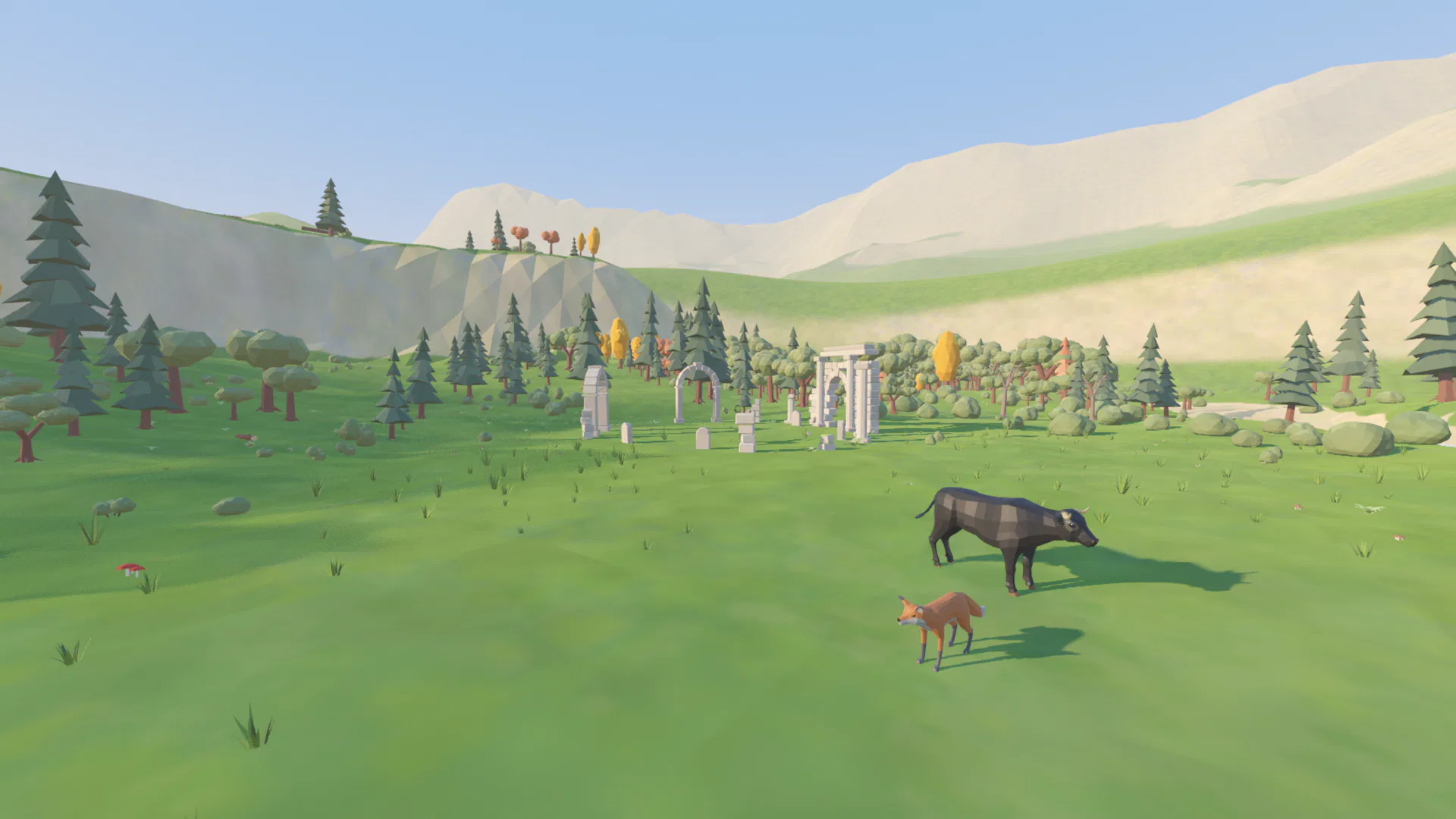 A grassy low-poly valley with pine and oak trees, a ring of white stone ruins in the distance, and a bull and a fox standing in the clearing.